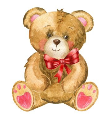 Watecolor el çizimi pofuduk oyuncak ayı. Doldurulmuş hayvanlar. Watecolor. Beyaz arka planda izole edilmiş çocuksu oyuncak ayı..