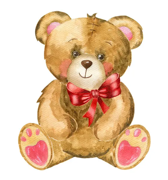 Watecolor el çizimi pofuduk oyuncak ayı. Doldurulmuş hayvanlar. Watecolor. Beyaz arka planda izole edilmiş çocuksu oyuncak ayı..