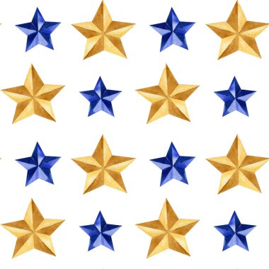 Kusursuz altın ve mavi suluboya yıldız deseni. Bayram sembolü, geleneksel dekoratif unsur. Suluboya el çizimi çizimi.