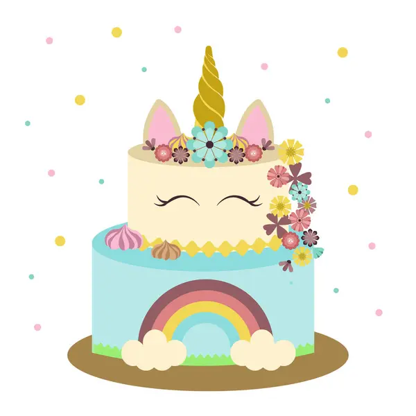 Beyaz arka planda tek boynuzlu at pastası. Kremalı ve gökkuşağı kremalı bayram pastası..
