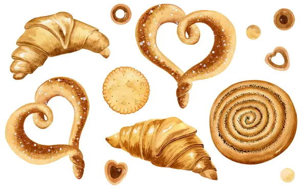 Suluboya el yapımı fırın seti. Beyaz arka planda suluboya hamur işi. Beyaz arka bahçede izole edilmiş yumuşak çıtır çörekler. Kruvasan seti..