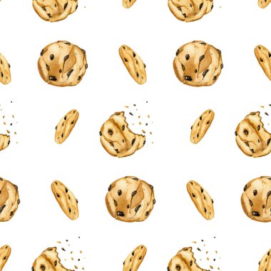 Suluboya kusursuz desen. Çikolata parçacıklı kurabiyeler. Beyaz arka planda şekerleri olan şenliksiz bir şablon. El çizimi çizimi. Ulusal Çikolatalı Kurabiye Günü.