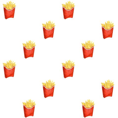 Watercolor seamless dynamic pattern of franch fried on white background. French fries watercolor hand drawn illustration. Fast food illustration. clipart