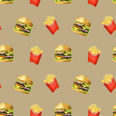 Watercolor seamless dynamic pattern of french fried and fresh tasty burger. French fries watercolor hand drawn illustration. Fast food illustration. clipart