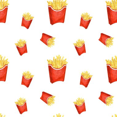 Beyaz arka planda kızartılmış suluboya kusursuz dinamik Fransız şablonu. Kızarmış patatesler suluboya elle çizilmiş. Fast food çizimi.  