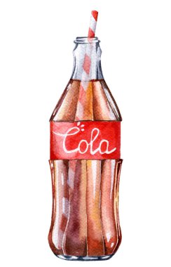 Suluboya küçük oyulmuş cam kola şişesi. Pipetle şişedeki kola. El çizimi suluboya çizimi. Klasik cam şişe ve kağıt kamış. Coca-Cola ya da kola karbonatlı bir meşrubattır..