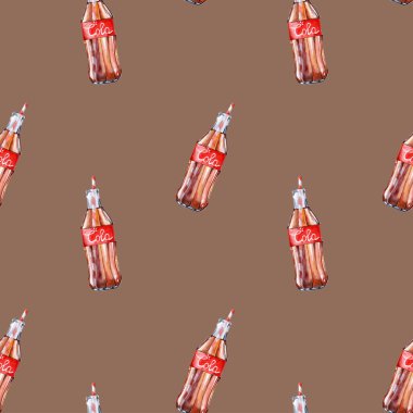 Klasik Coca Cola şişesinin kusursuz deseni. El çizimi suluboya çizimi. Klasik cam şişe ve kağıt kamış. Coca-Cola ya da kola karbonatlı bir meşrubattır..
