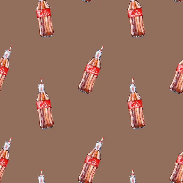 Klasik Coca Cola şişesinin kusursuz deseni. El çizimi suluboya çizimi. Klasik cam şişe ve kağıt kamış. Coca-Cola ya da kola karbonatlı bir meşrubattır..