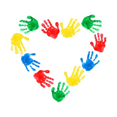 Çocuk el izlerinin kalbi. Beyaz arka plandaki çocuk avuçlarının vektör çizimi. Uluslararası Çocuk Günü. Uluslararası Barış Günü.