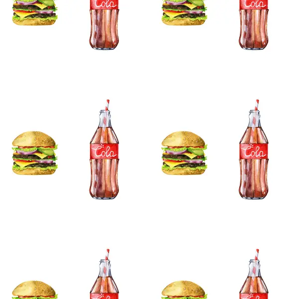 Suluboya, alkolsüz ve taze lezzetli burgerin dinamik deseni. Beyaz arka planda suluboya el çizimi. Fast food çizimi.