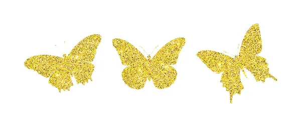 Bir dizi vektör altın rengi parlak kelebek parlıyor. Kart için tasarım elemanları. Beyaz arka planda izole edilmiş güzel kelebekler..