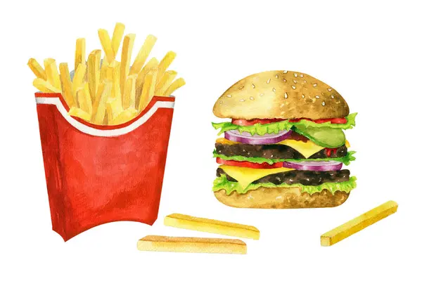 Fast food 'un suluboya elementleri. Patates kızartması ve hamburger. Beyaz arka planda izole edilmiş Amerikan yemekleri. Ulusal Çizburger Günü. Dünya Gıda Günü.