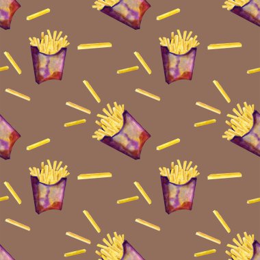 Kızarmış patateslerin suluboya dinamik deseni. Kızarmış patatesler suluboya elle çizilmiş. Fast food çizimi. 