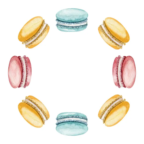 Beyaz arkaplana elle çizilmiş suluboya pembe, açık mavi ve turuncu kremalı kurabiye çerçevesi. Makarnalar daire şeklinde dizilmiş. Ulusal Tatlı Günü