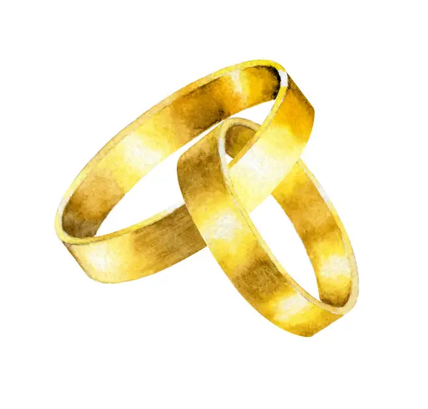 Suluboya el, altın bağlantılı alyanslar çizdi. Suluboya kutlama klibi. Alyanslar beyaz arkaplanda izole.