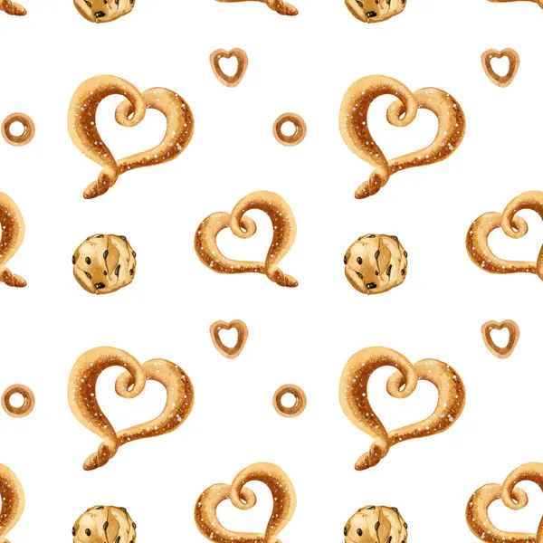 Suluboya kusursuz desen. Çikolatalı kurabiyeler ve lezzetli çörekler. Beyaz arka planda şekerleri olan şenliksiz bir şablon. El çizimi çizimi. Ulusal Çikolatalı Kurabiye Günü.