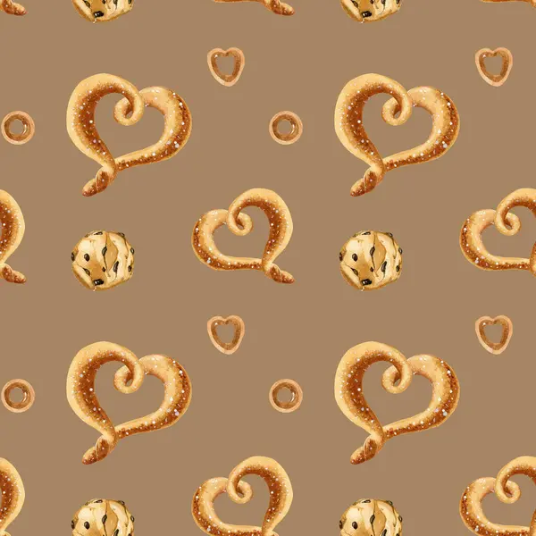 Suluboya kusursuz desen. Çikolatalı kurabiyeler ve lezzetli çörekler. Tatlılarla süslü, pürüzsüz bir desen. El çizimi çizimi. Ulusal Çikolatalı Kurabiye Günü.