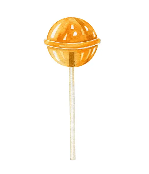 Beyaz arka planda izole edilmiş suluboya turuncu şeffaf lolipop. Çubukta karamel şekeri.