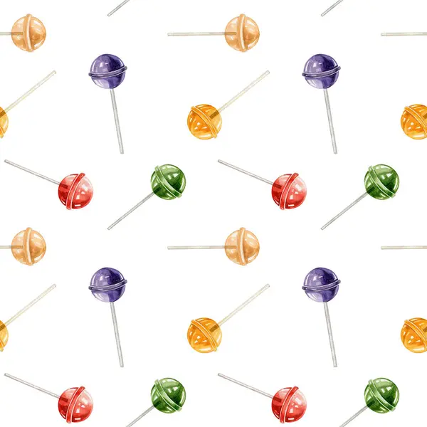 Beyaz zemin üzerinde suluboya, kırmızı, yeşil ve menekşe rengi şeffaf lolipopların kusursuz deseni. Çubukta karamel şekeri.