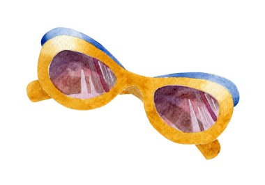 Beyaz arka planda el boyası, suluboya plaj gözlüğü. Plaj Vintage Aksesuarları. Kadın göz kamaştırıcı güneş gözlükleri.