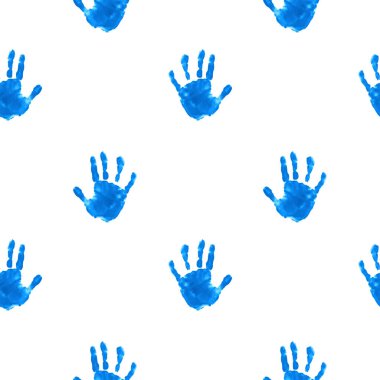 Mavi çocuk el izlerinin kusursuz deseni. Beyaz arka plandaki çocuk avuçlarının vektör çizimi. Uluslararası Çocuk Günü