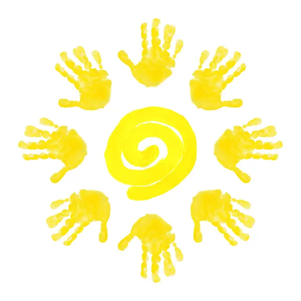 Çocuk el izi çemberi. Beyaz arka plandaki çocuk avuçlarının vektör çizimi. Uluslararası Çocuk Günü. Parlak sarı güneş boyayla boyanmış. Işıklı güneş. Dünya Güneş Günü
