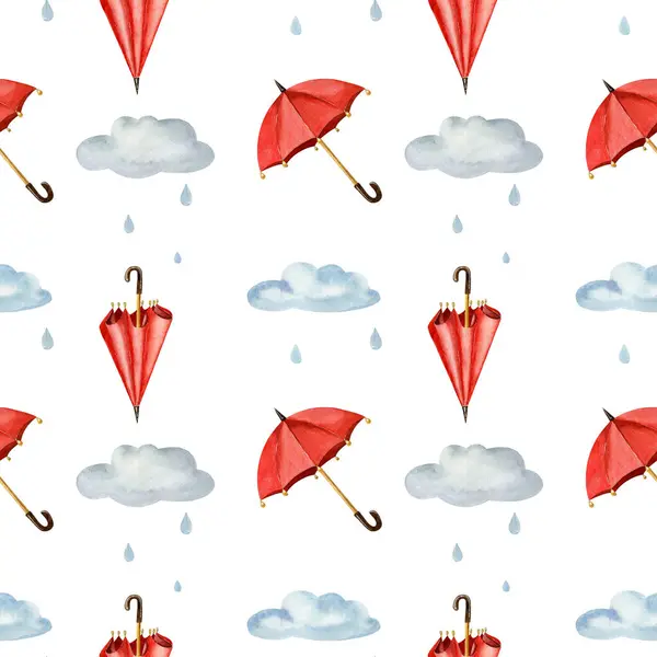 Güzel bir sonbahar yağmuru beyaz arka planda pürüzsüz bir desen. Kırmızı şemsiyeler ve bulutlar. Yağmur yağar