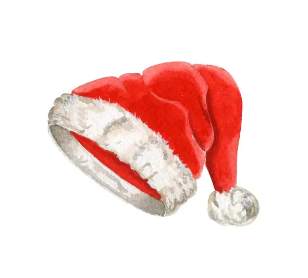 Suluboya Noel Baba, beyaz arka planda izole edilmiş kırmızı şapka..