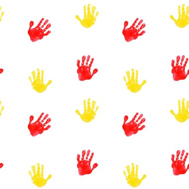 Kırmızı ve sarı çocuk el izlerinin kusursuz deseni. Çocukların avuçlarının beyaz arka planda resmedilmesi. Uluslararası Çocuk Günü.