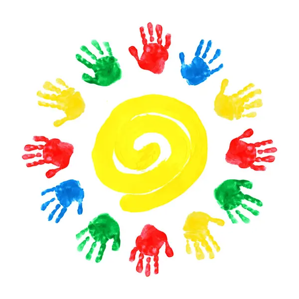 Çocuk el izi çemberi. Beyaz arka planda çocukların avuçlarının renkli bir çizimi. Uluslararası Çocuk Günü. Boyayla boyanmış parlak renkli güneş. Işıklı güneş. Dünya Güneş Günü