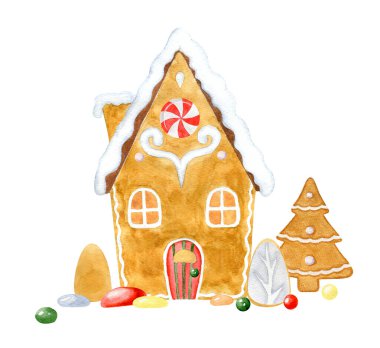 Güzel masal suluboya zencefilli kurabiye evi. Beyaz arkaplanda şenlikli kompozisyon