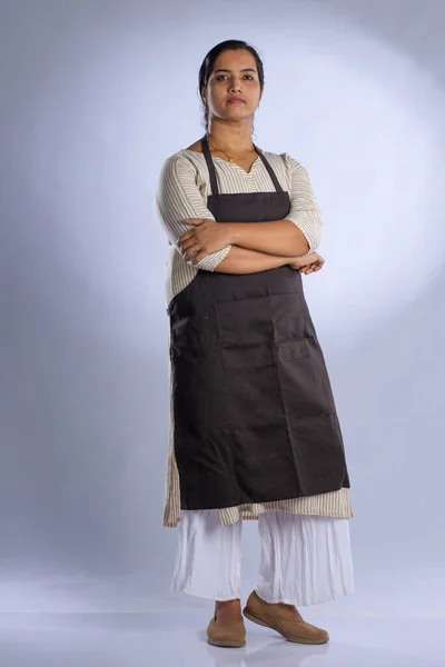Indian Women Chef Potrait Lady Wearing Apron White Background Isolated — Stock Photo, Image
