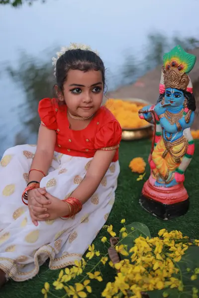 Cute Small Girl Child Wearing Kerala Dress Golden Colour Long — Stock Photo, Image
