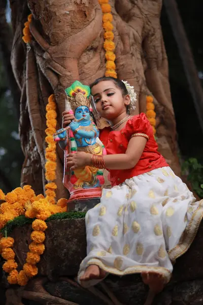 Cute Small Girl Child Wearing Kerala Dress Golden Colour Long — Stock Photo, Image