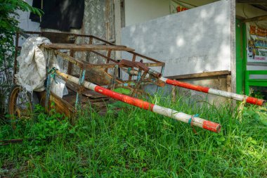 Paslı, patlak lastikleri olan, etrafı yabani otlarla çevrili eski bir demir araba.