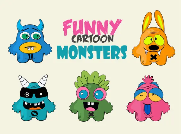 Komik renkli çizgi film canavarları. Duyguları olan canavarlar. Yüz ifadesi. Üzgün, mutlu, kızgın yüzler. Komik çizgi film karakterleri. Vektör illüstrasyonu