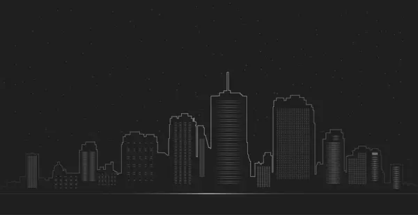 Ufuktaki şehir silueti. Yanlış zamanda evlerin siyah-beyaz görüntüsünü oluşturun. Şehir silüeti, bina, şehir, gökdelen, ufuk, arkaplan.