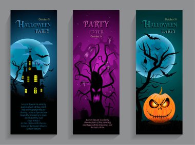 Cadılar Bayramı partisi, parlak tasarımlı dikey davetiye kartı, eski ev, yarasalar, hayaletler ve balkabağı ile korkunç ağaç.