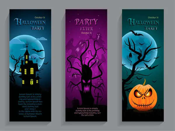 Cadılar Bayramı partisi, parlak tasarımlı dikey davetiye kartı, eski ev, yarasalar, hayaletler ve balkabağı ile korkunç ağaç.