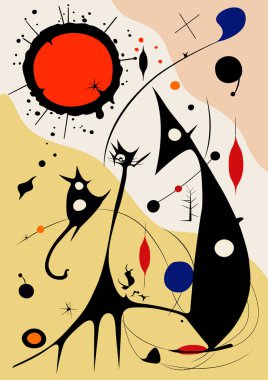 Joan Miro tarzında gerçeküstü sanat illüstrasyonu. Geometrik Şekillerle Soyut Boyama.