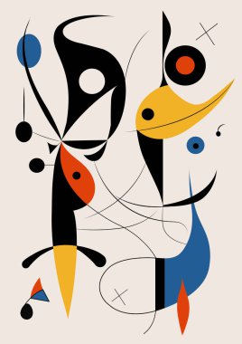 Joan Miro tarzında gerçeküstü sanat illüstrasyonu. Geometrik Şekillerle Soyut Boyama.