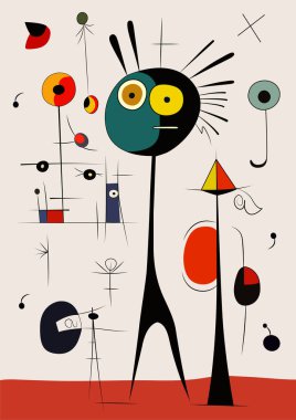 Joan Miro tarzında gerçeküstü sanat illüstrasyonu. Geometrik Şekillerle Soyut Boyama.