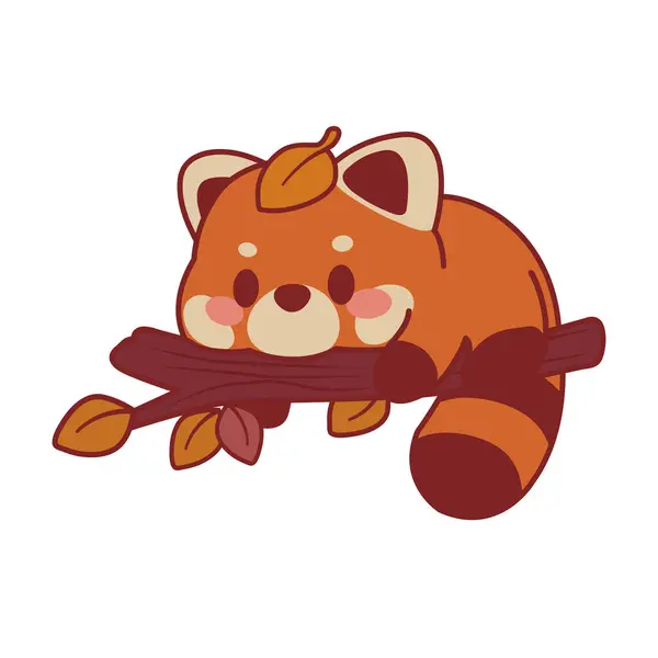 Dalda yatan komik bir kırmızı pandanın şirin Kawaii çizimi. Eşsiz tasarım, çocuk maskotu..