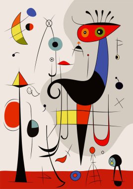 Joan Miro tarzında gerçeküstü sanat illüstrasyonu. Geometrik Şekillerle Soyut Boyama.