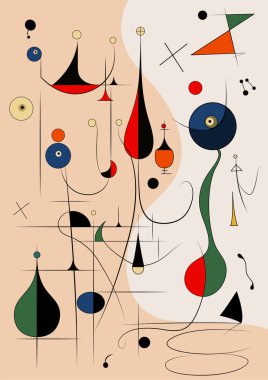 Joan Miro tarzında gerçeküstü sanat illüstrasyonu. Geometrik Şekillerle Soyut Boyama.