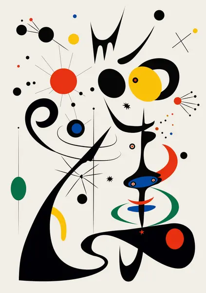 Joan Miro tarzında gerçeküstü sanat illüstrasyonu. Geometrik Şekillerle Soyut Boyama. Vektör.