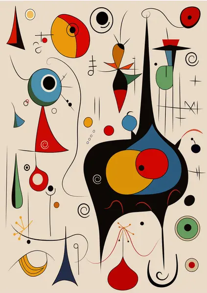 Joan Miro tarzında gerçeküstü sanat illüstrasyonu. Geometrik Şekillerle Soyut Boyama. Vektör.