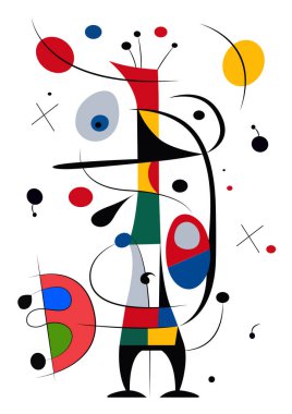 Joan Miro tarzında gerçeküstü sanat illüstrasyonu. Geometrik Şekillerle Soyut Boyama.