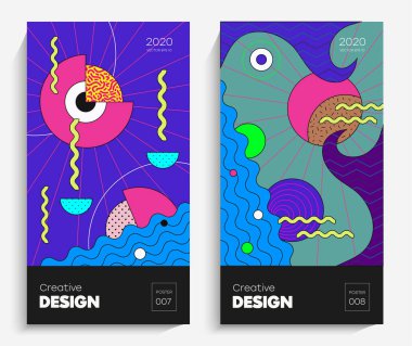 Moda, parlak geometrik şekiller. Projeniz için uygun bir vektör, animasyon, reklam, reklam afişi, el ilanı, satış. Basit poster, yamalar, karışık rozetler Neo Memphis, pop sanat.