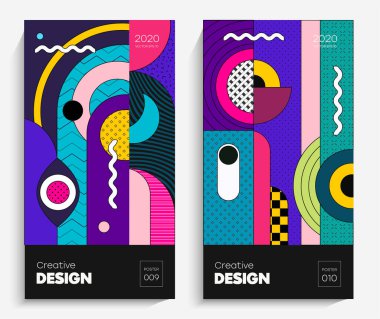 Moda, parlak geometrik şekiller. Projeniz için uygun bir vektör, animasyon, reklam, reklam afişi, el ilanı, satış. Basit poster, yamalar, karışık rozetler Neo Memphis, pop sanat.